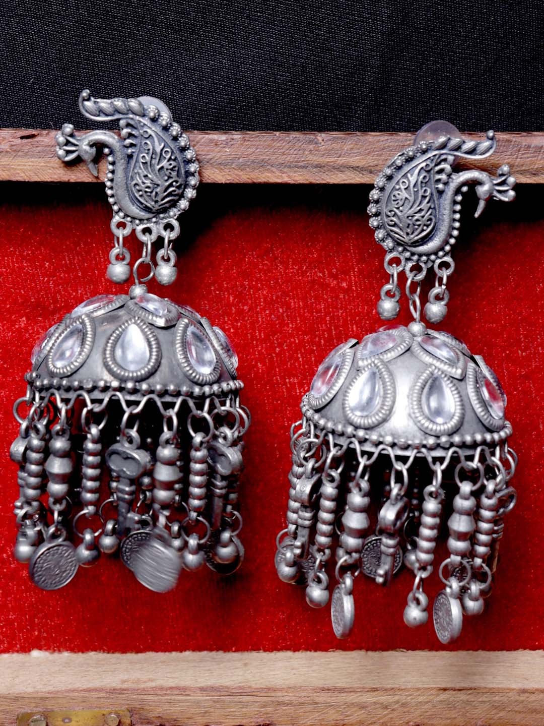 

Krelin Dome Shaped Stones Studded Oxidised Jhumka Earrings, Silver