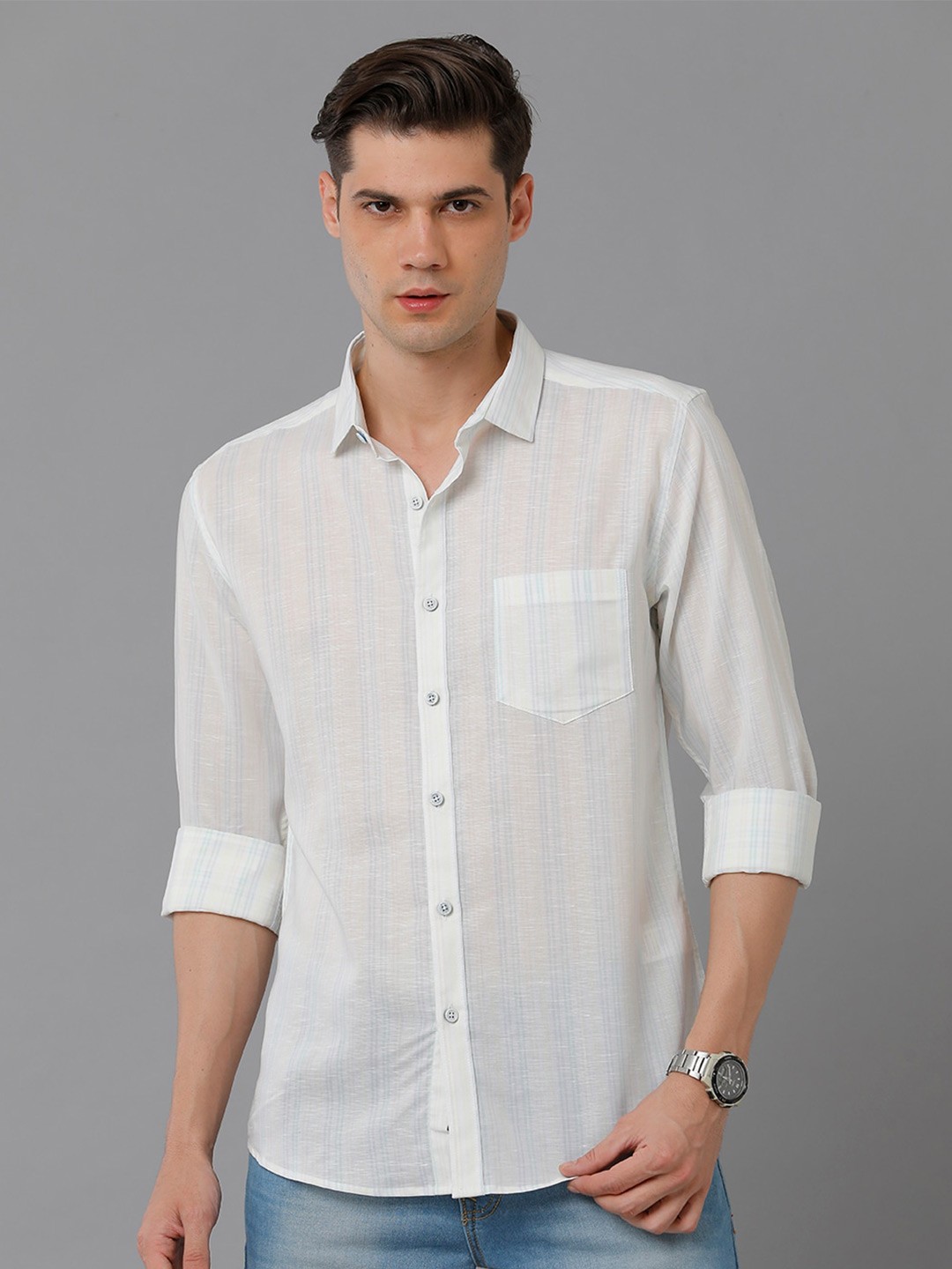 

YOVISH Men Comfort Slim Fit Striped Cotton Party Shirt, White