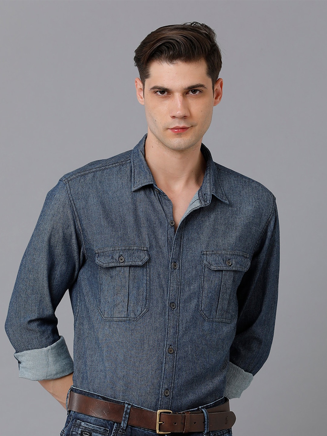 

YOVISH Men Comfort Slim Fit Denim Party Shirt, Blue