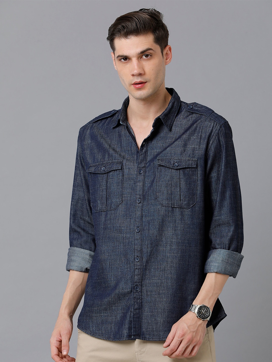

YOVISH Men Comfort Slim Fit Denim Party Shirt, Blue