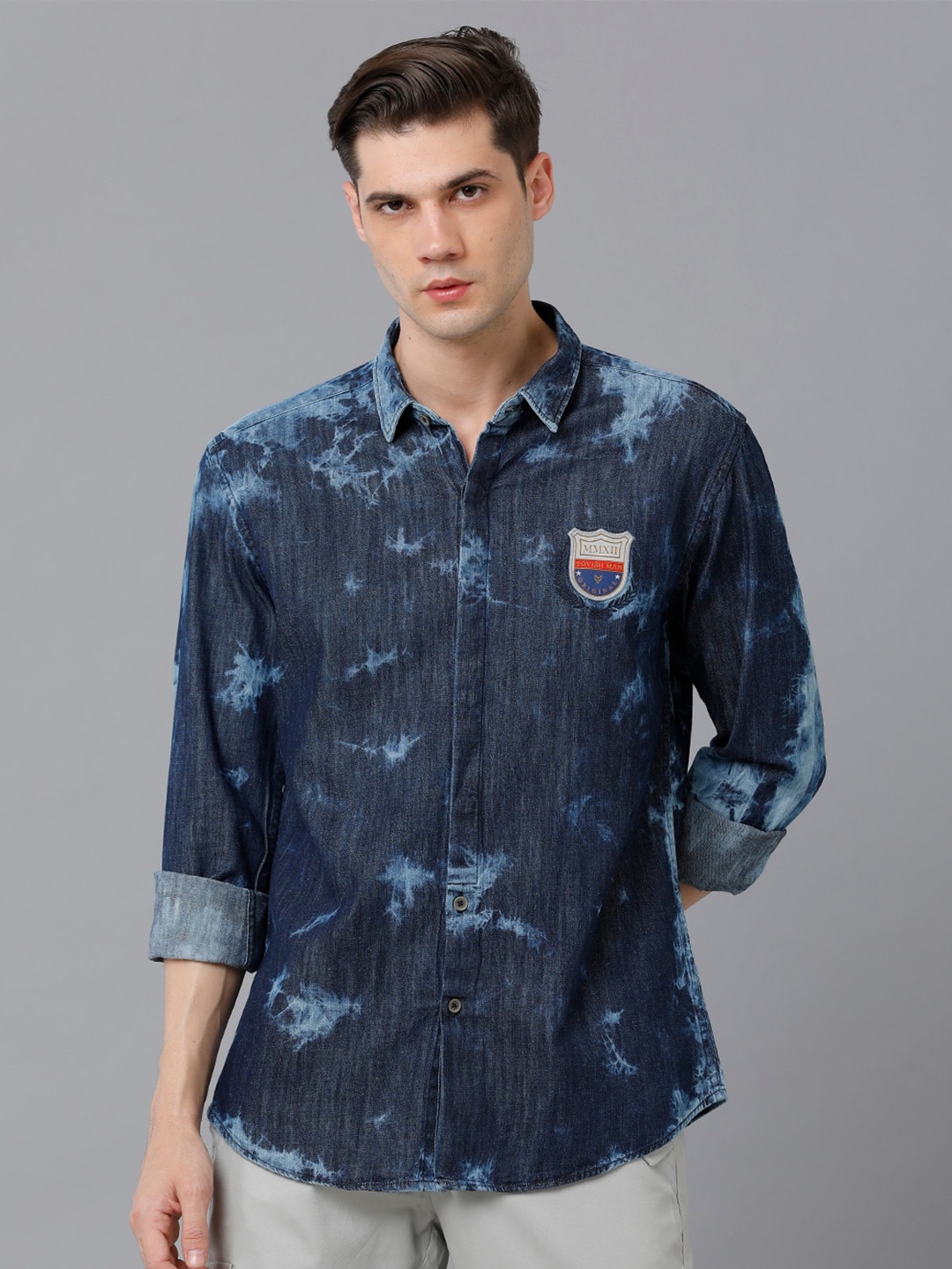 

YOVISH Men Comfort Slim Fit Printed Denim Party Shirt, Navy blue