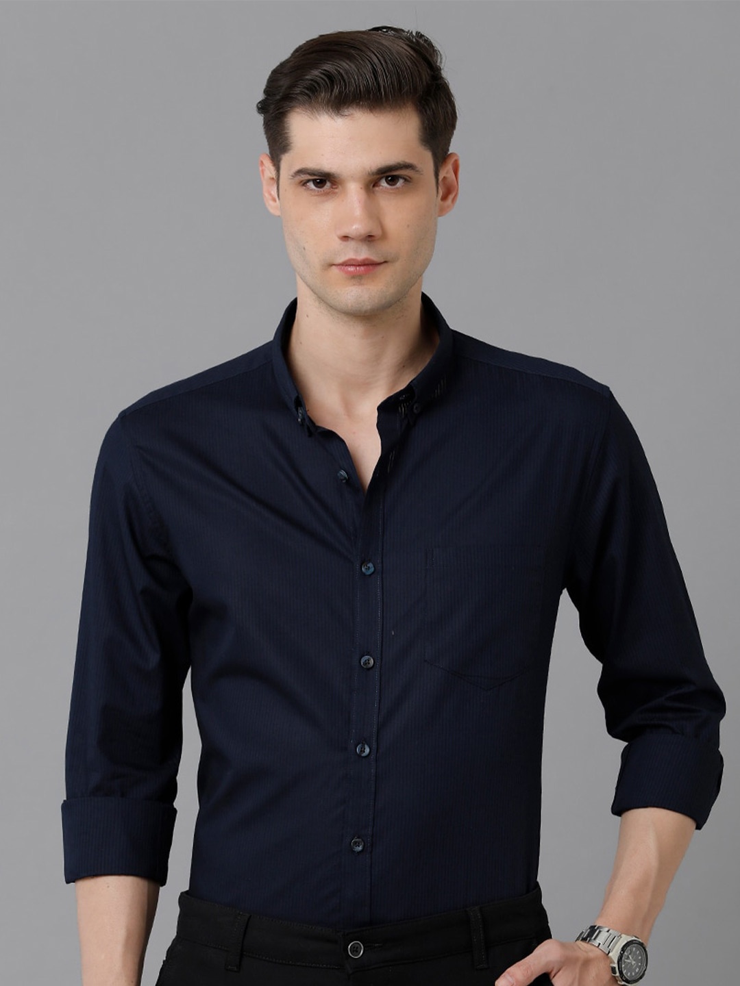 

YOVISH Men Striped Comfort Slim Fit Cotton Formal Shirt, Navy blue