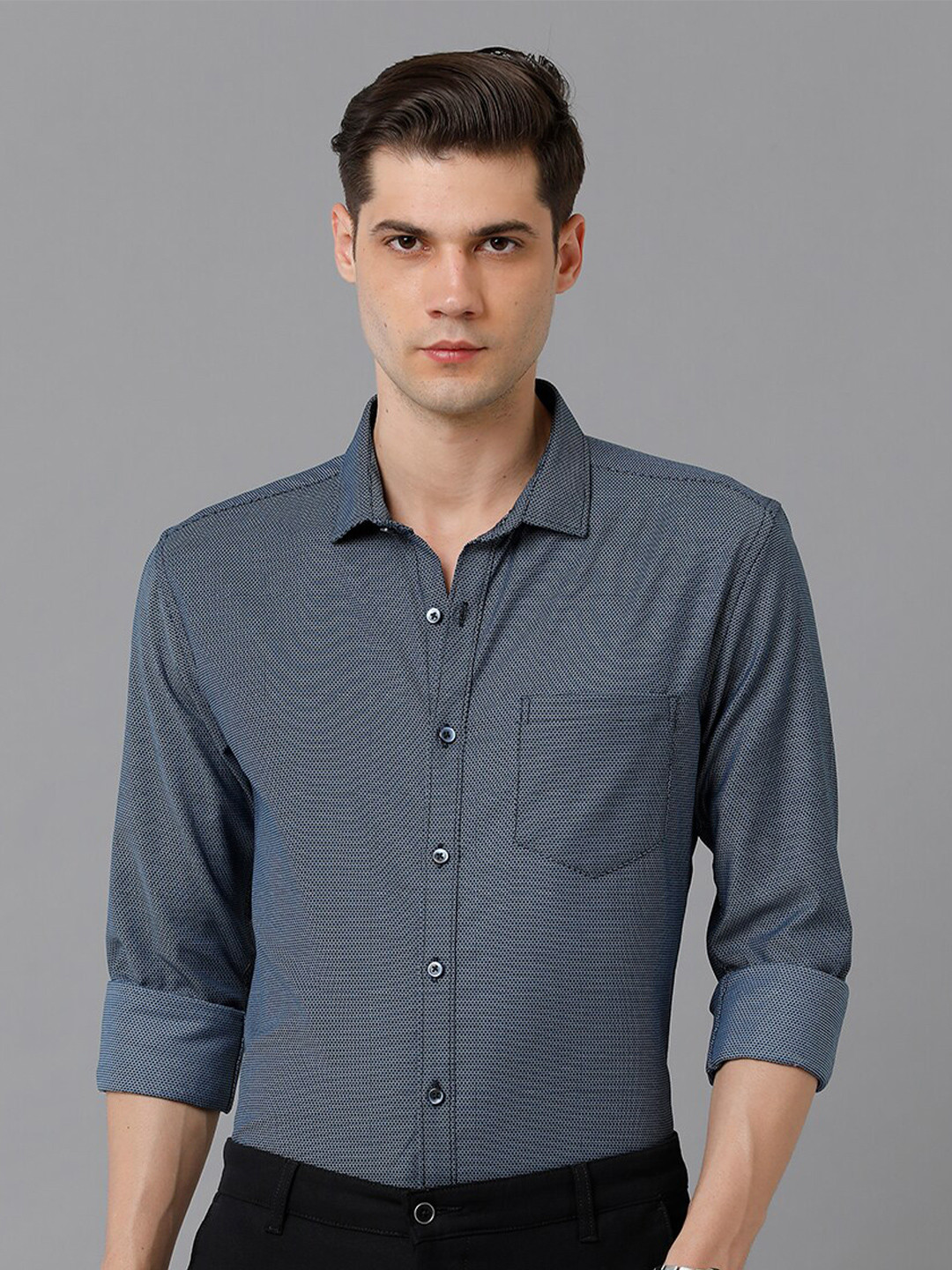

YOVISH Men Comfort Micro Ditsy Printed Slim Fit Checked Cotton Formal Shirt, Grey melange