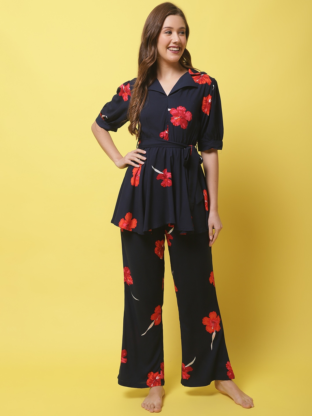 

Claura Women Floral Printed Night Suit, Navy blue