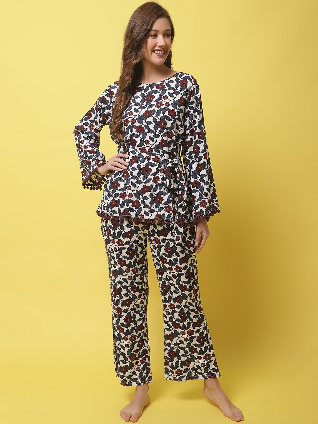 

Claura Women Floral Printed Night Suit, White