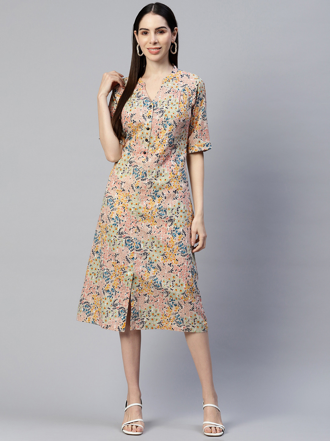 

Ayaany Tropical A-Line Midi Dress, Beige