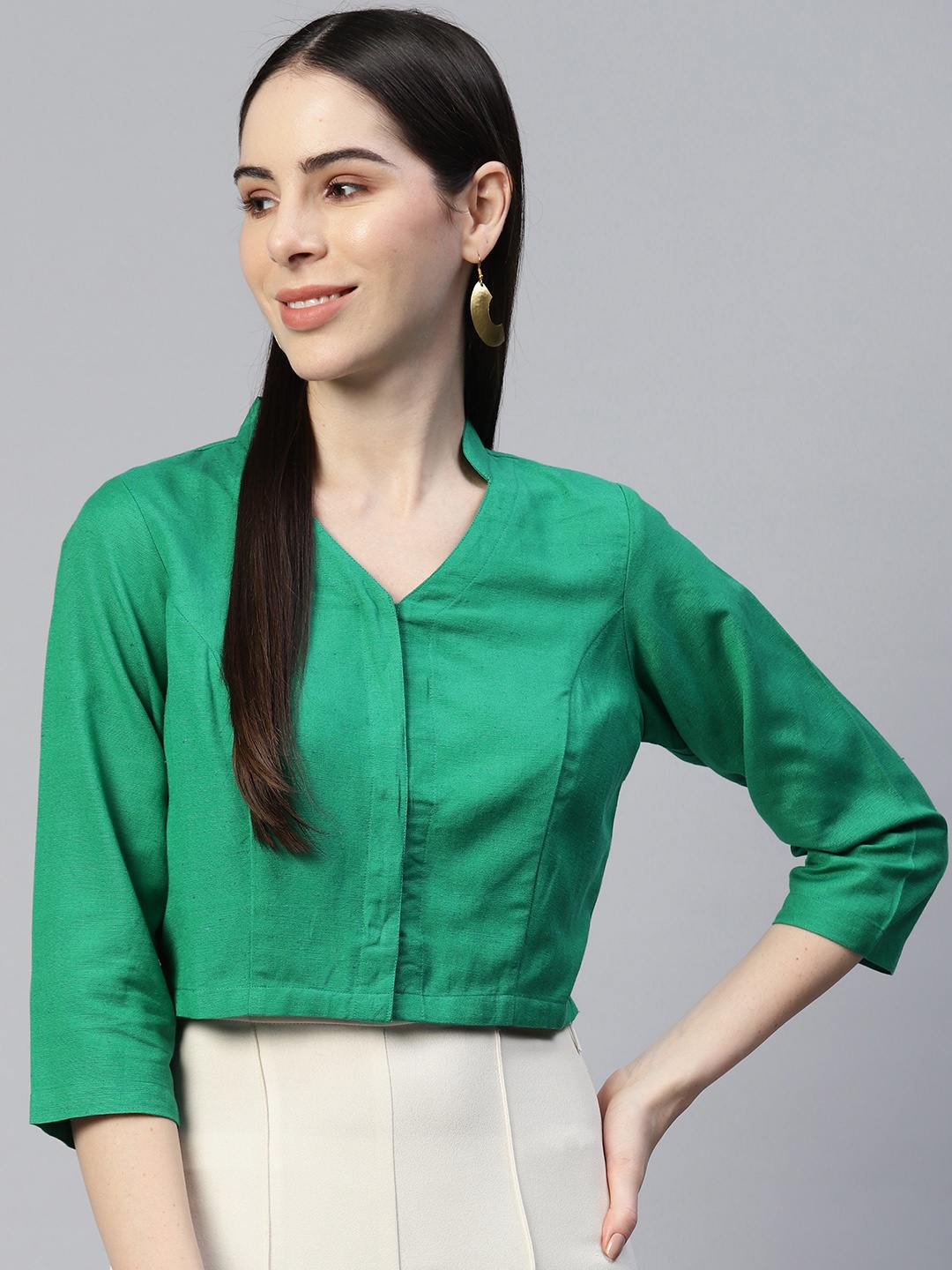 

Ayaany Mandarin Collar Blouson Crop Top, Green