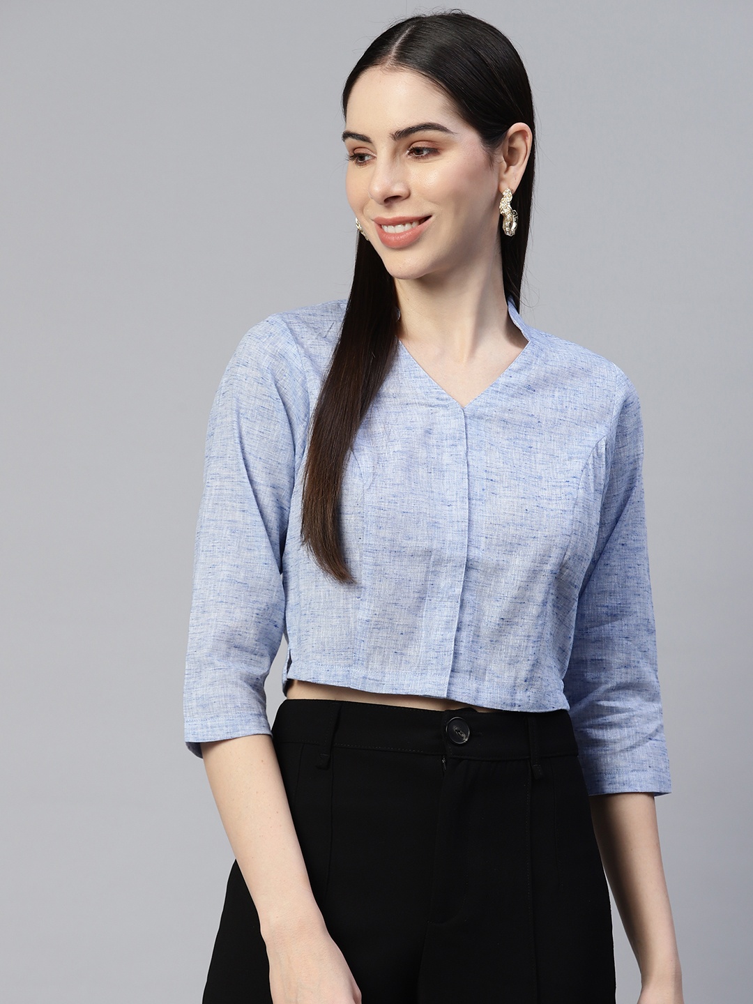 

Ayaany Mandarin Collar Blouson Crop Top, Blue