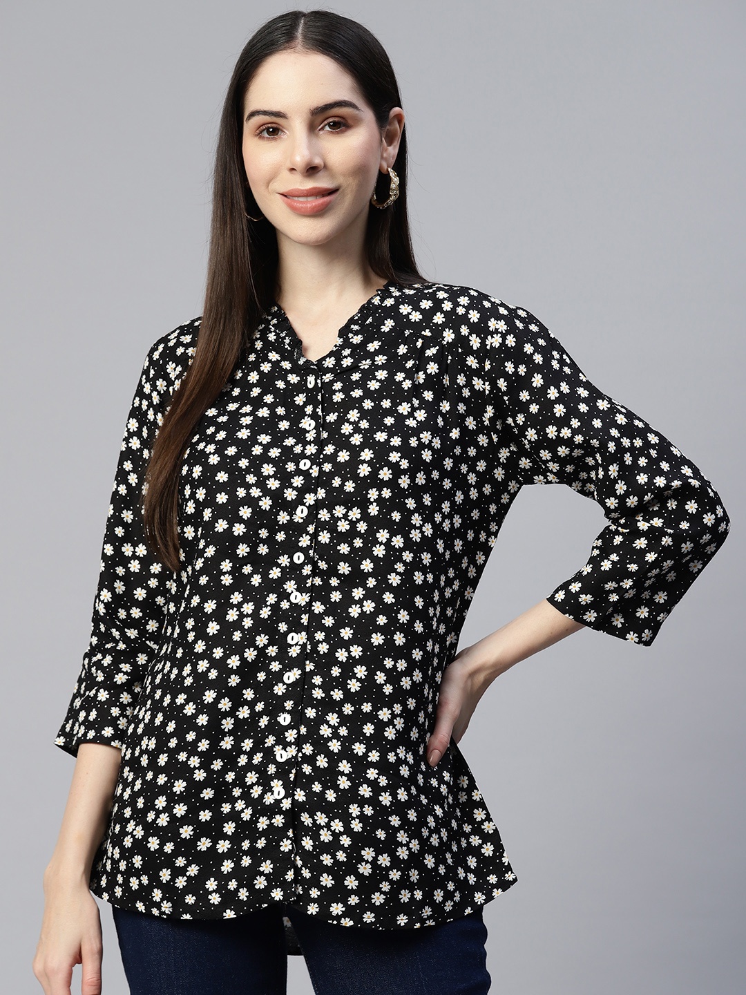

Ayaany Floral Print Shirt Style Longline Top, Black