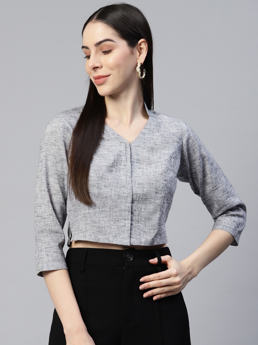 

Ayaany Mandarin Collar Crop Top, Grey