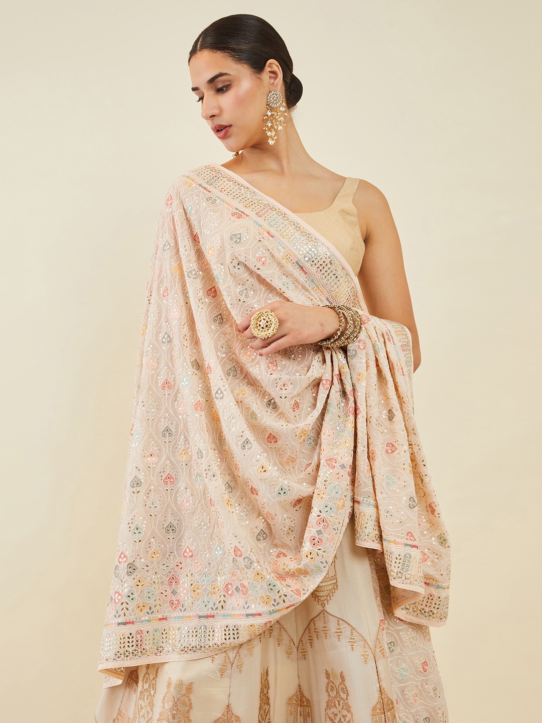 

Soch Embroidered Dupatta with Thread Work, Peach