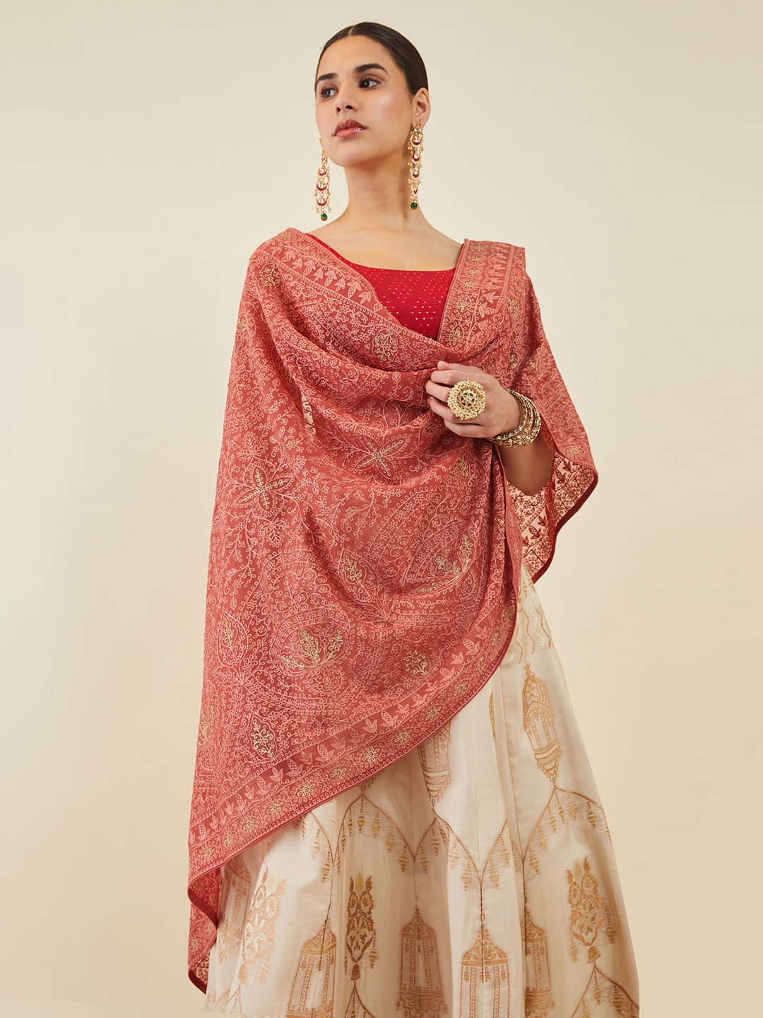 

Soch Embroidered Dupatta with Thread Work, Red