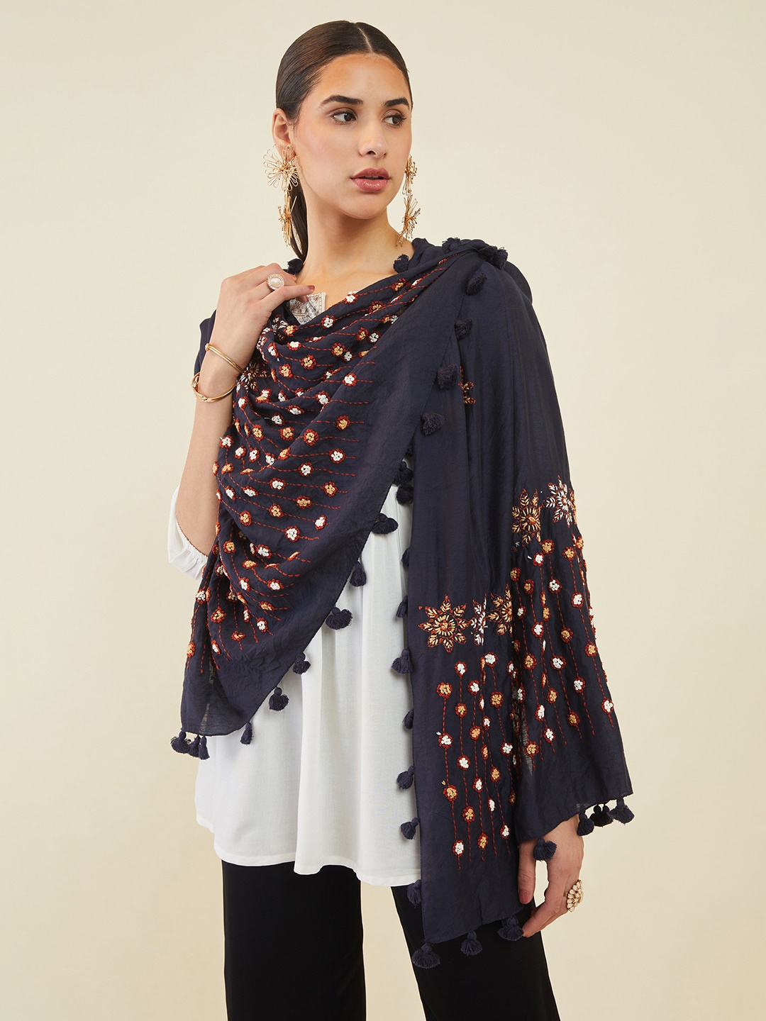 

Soch Embroidered Tasselled Chanderi Dupatta with Thread Work, Navy blue