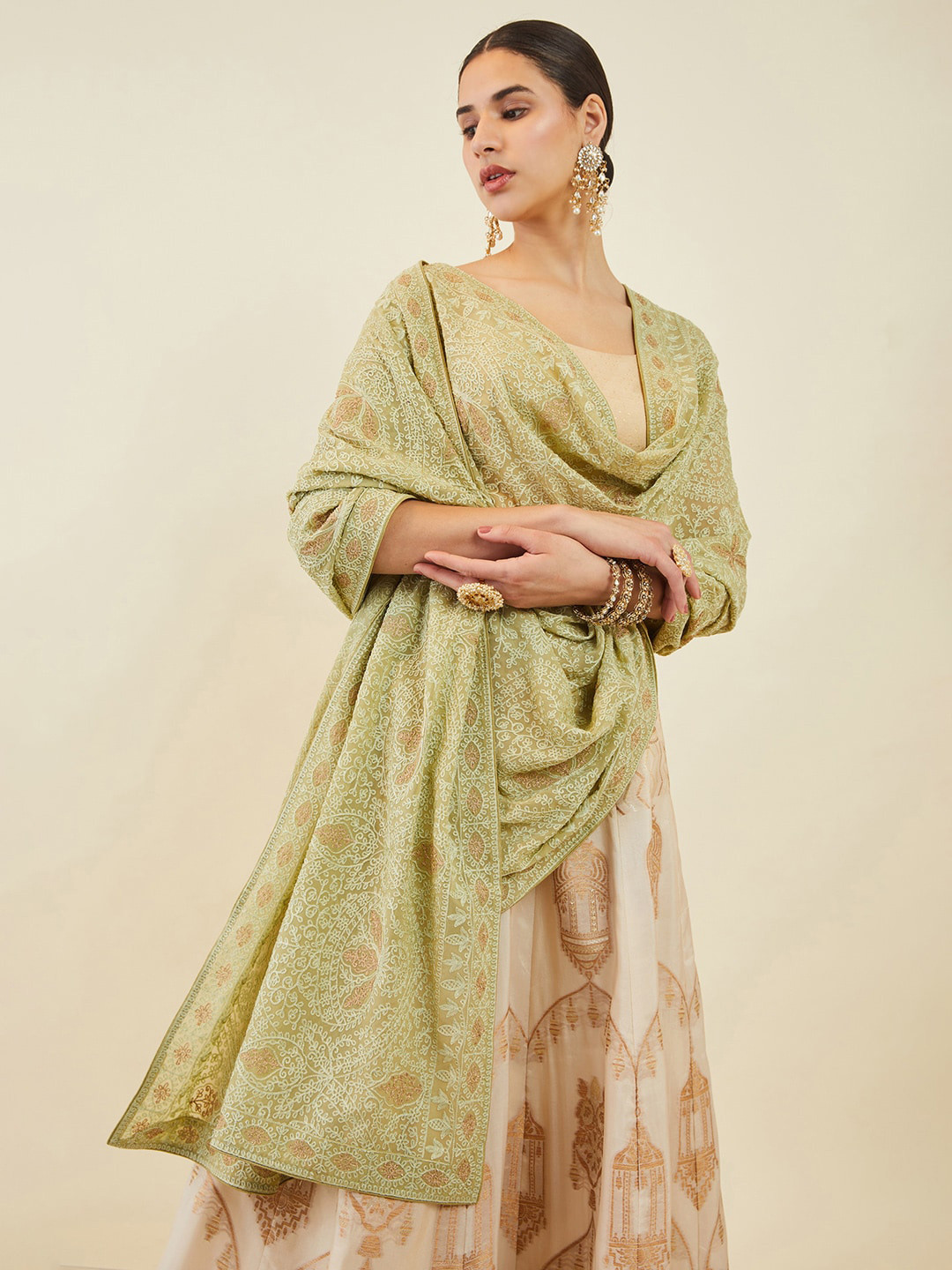 

Soch Ethnic Motifs Embroidered Dupatta with Thread Work, Green