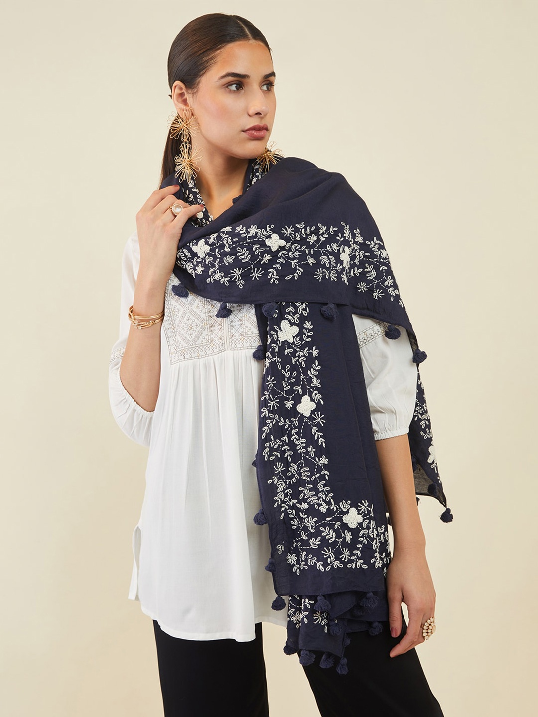 

Soch Embroidered Tasselled Chanderi Dupatta with Thread Work, Navy blue