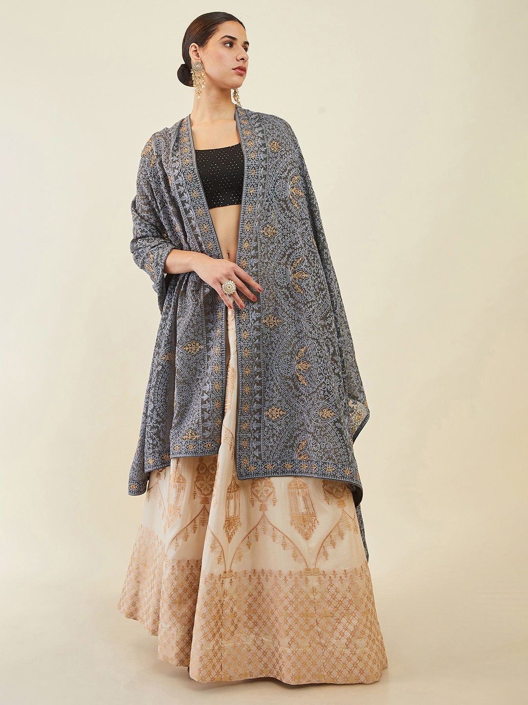 

Soch Embroidered Dupatta with Thread Work, Grey