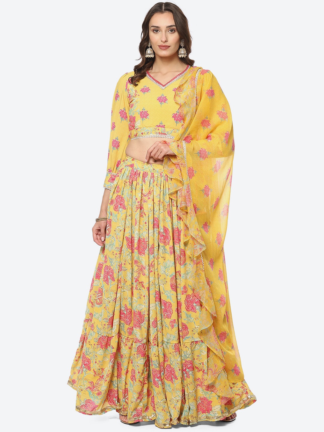 

Biba Floral Printed Ready to Wear Lehenga & Blouse With Dupatta, Yellow