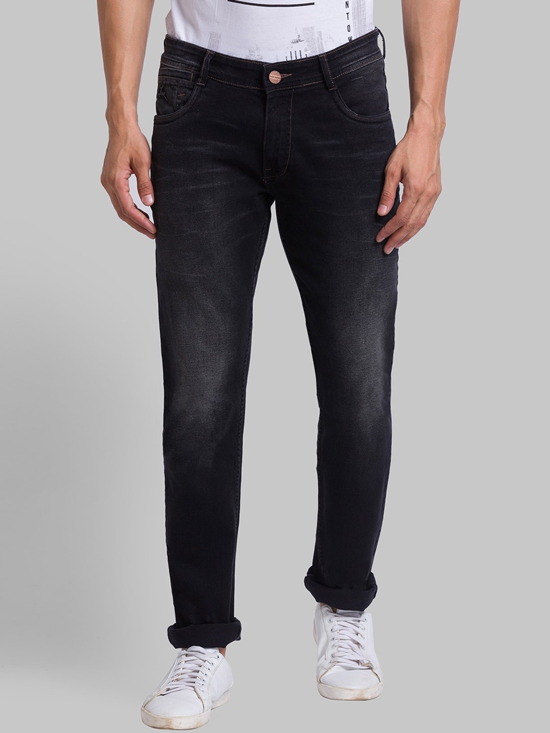 

Parx Men Tapered Fit Light Fade Mid Rise Jeans, Black