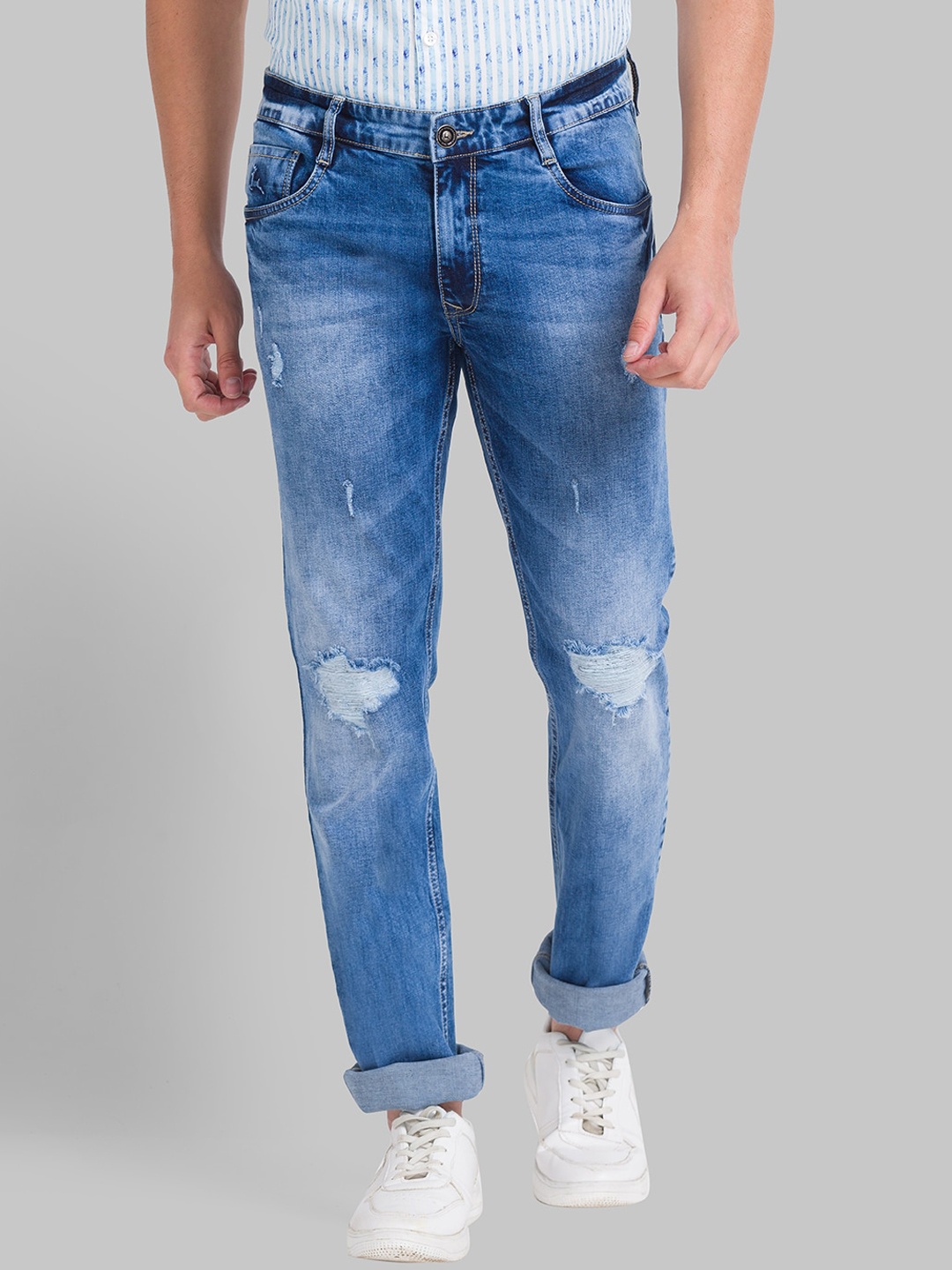 

Parx Men Tapered Fit Mildly Distressed Heavy Fade Jeans, Blue