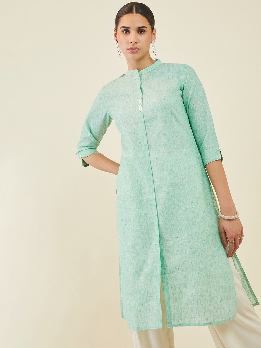 

Soch Women Mandarin Collar Linen Kurta, Sea green