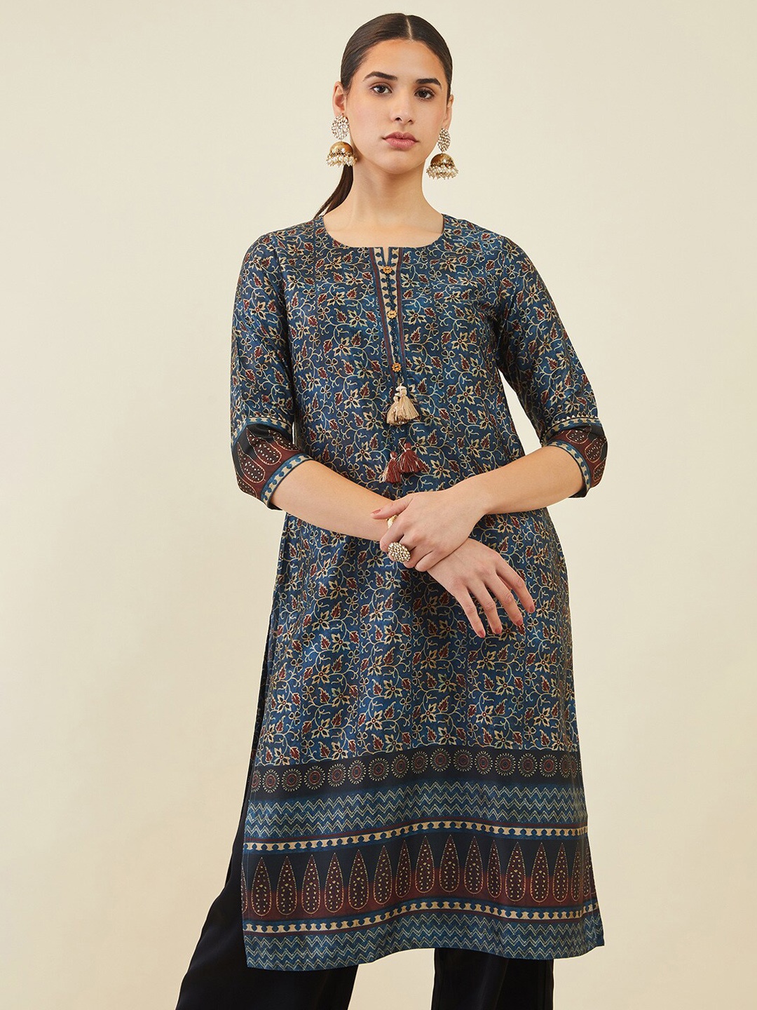 

Soch Women Ethnic Motifs Printed Satin Kurta, Blue