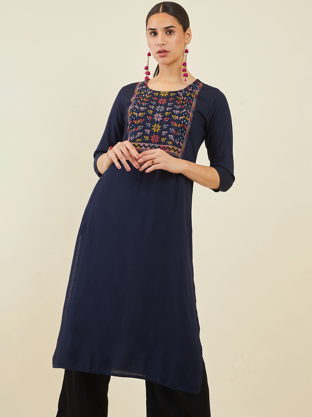 

Soch Women Embroidered Yoke Kurta, Navy blue