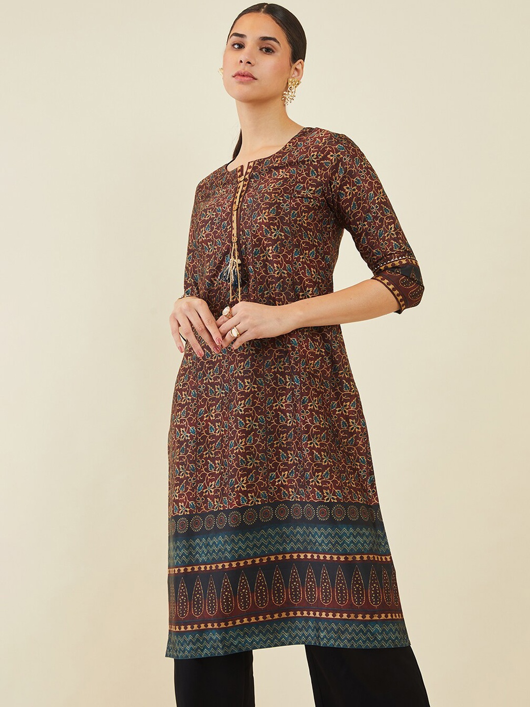 

Soch Floral Printed Satin Kurta, Brown