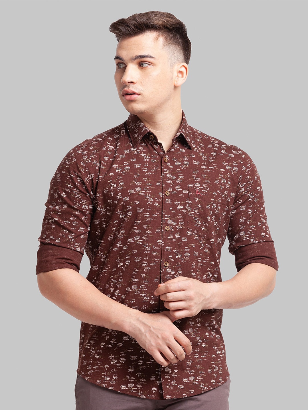 

Parx Men Slim Fit Abstract Printed Casual Cotton Shirt, Brown