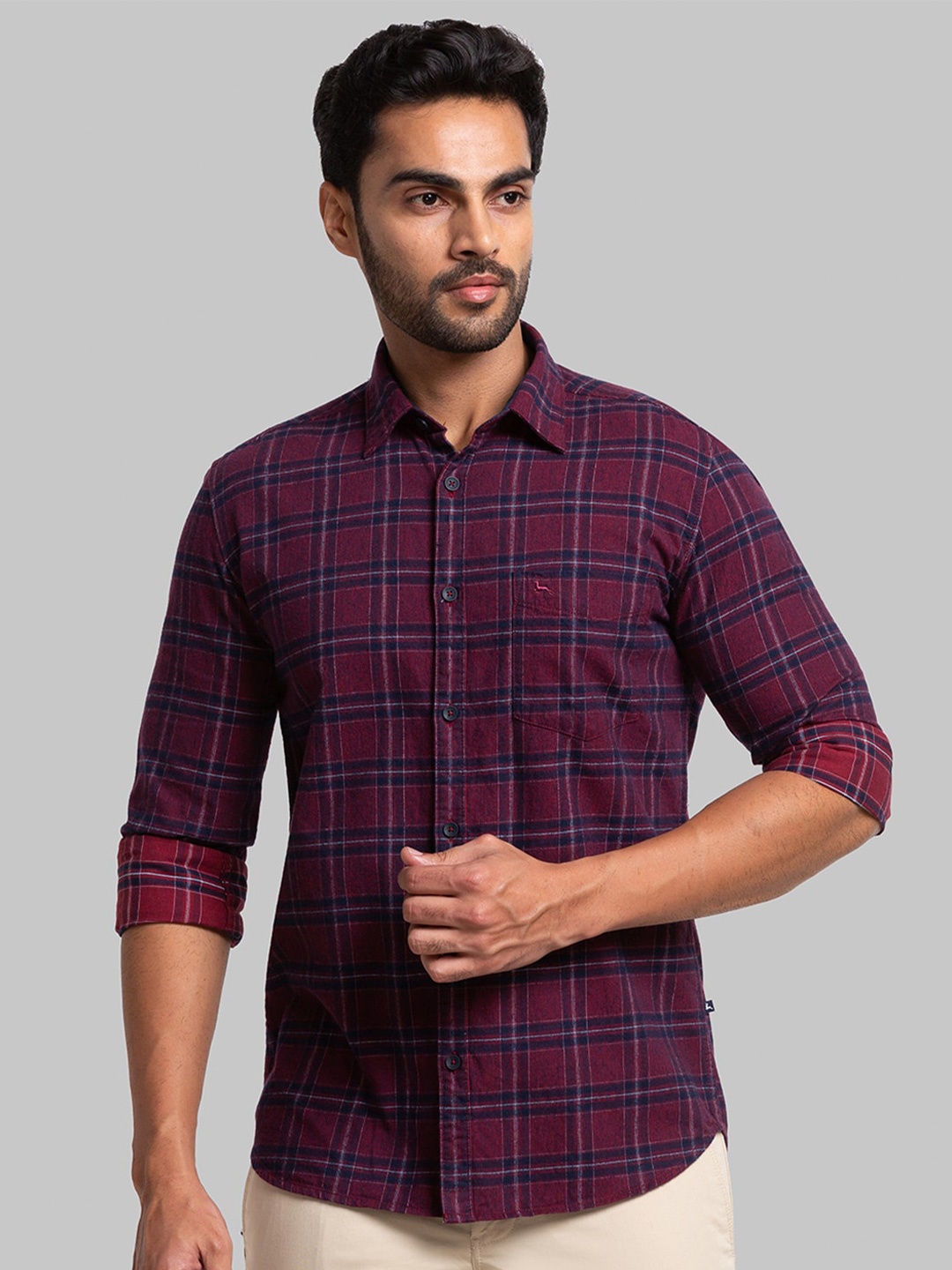 

Parx Slim Fit Checked Casual Cotton Shirt, Maroon