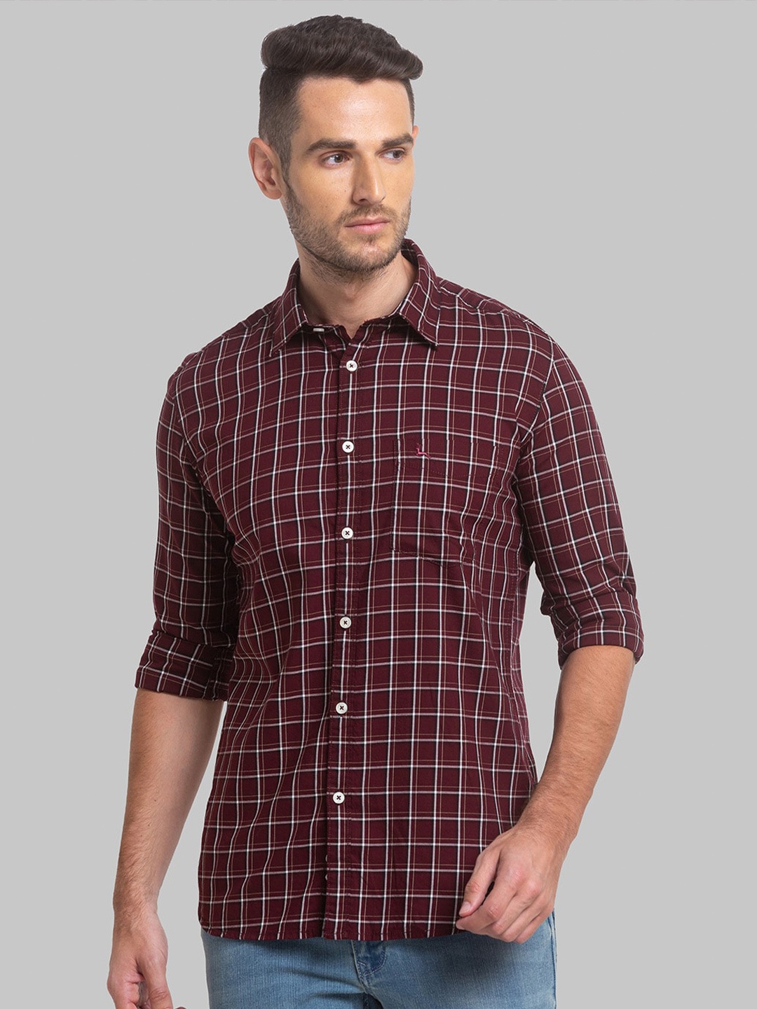 

Parx Men Slim Fit Checked Cotton Casual Shirt, Maroon