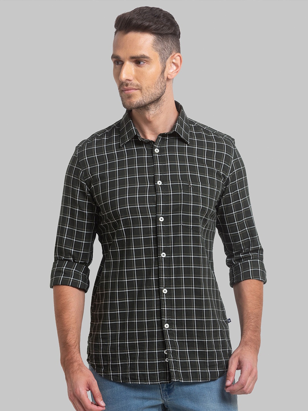 

Parx Men Slim Fit Checked Cotton Casual Shirt, Green