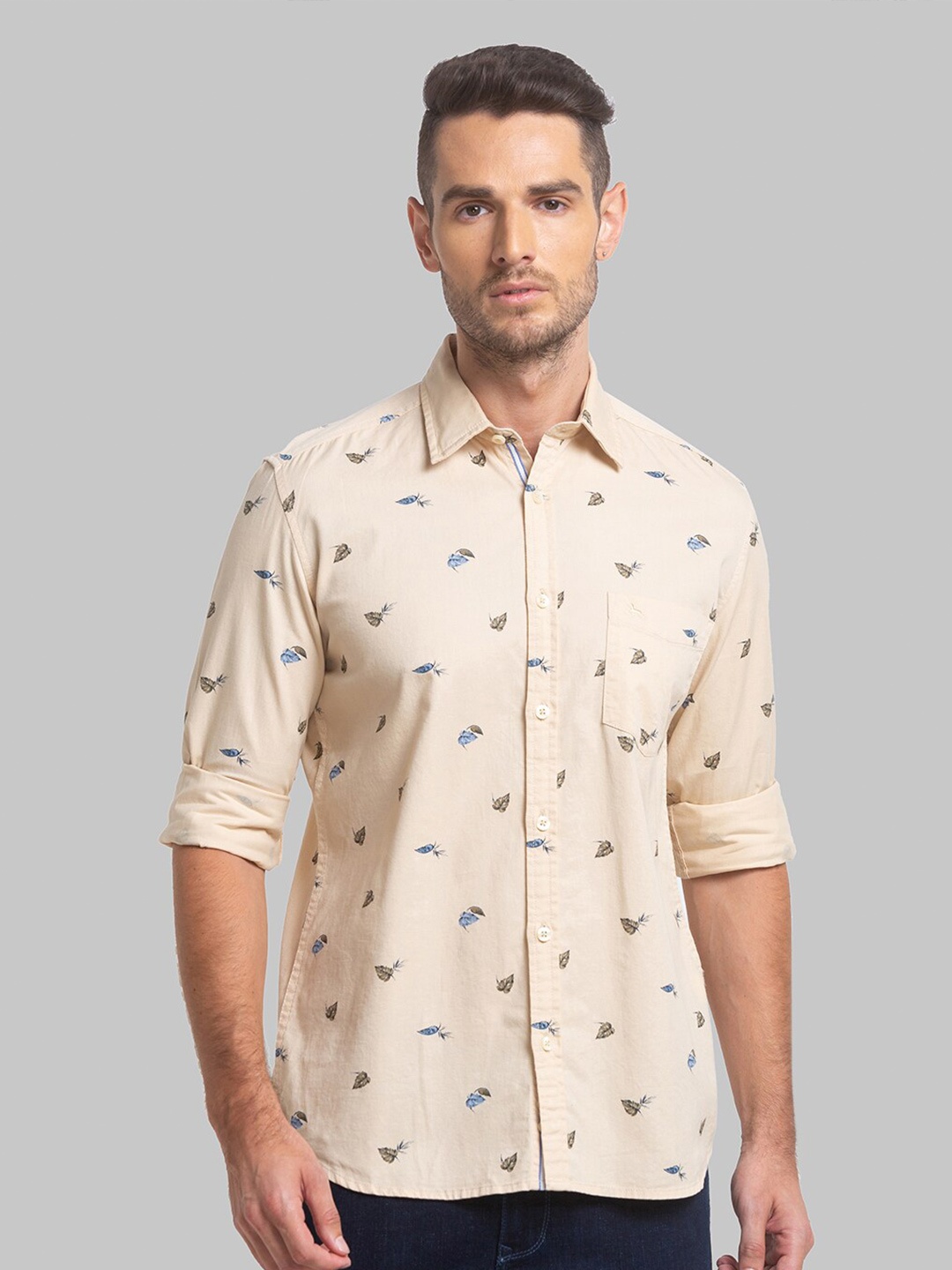 

Parx Men Slim Fit Printed Cotton Casual Shirt, Beige