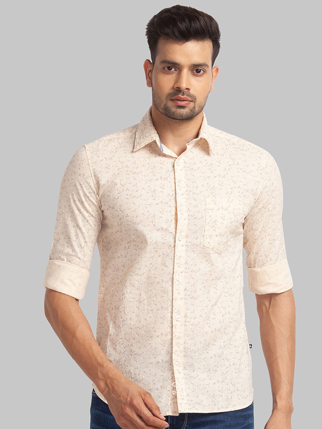 

Parx Men Slim Fit Floral Printed Cotton Casual Shirt, Beige