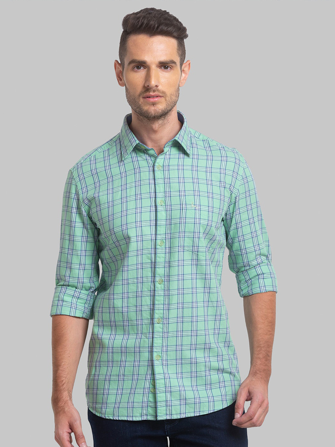 

Parx Men Slim Fit Checked Cotton Casual Shirt, Green