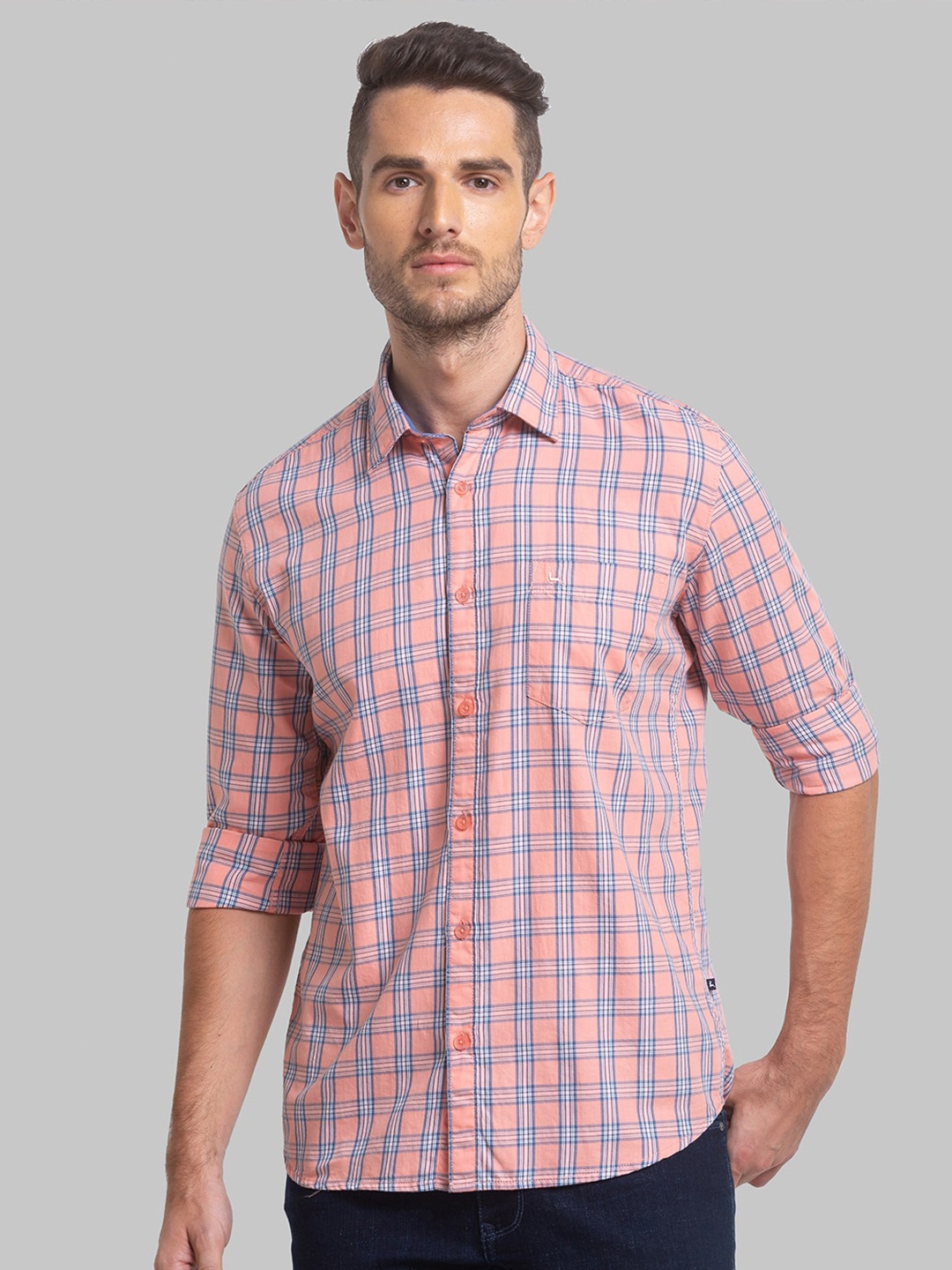 

Parx Men Slim Fit Checked Casual Cotton Shirt, Orange