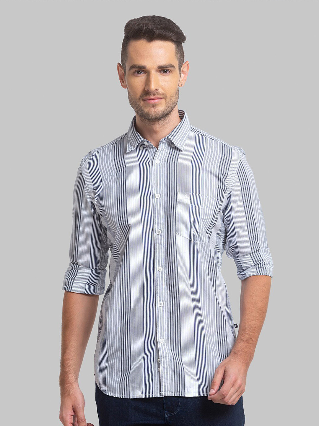 

Parx Men Slim Fit Striped Cotton Casual Shirt, Blue