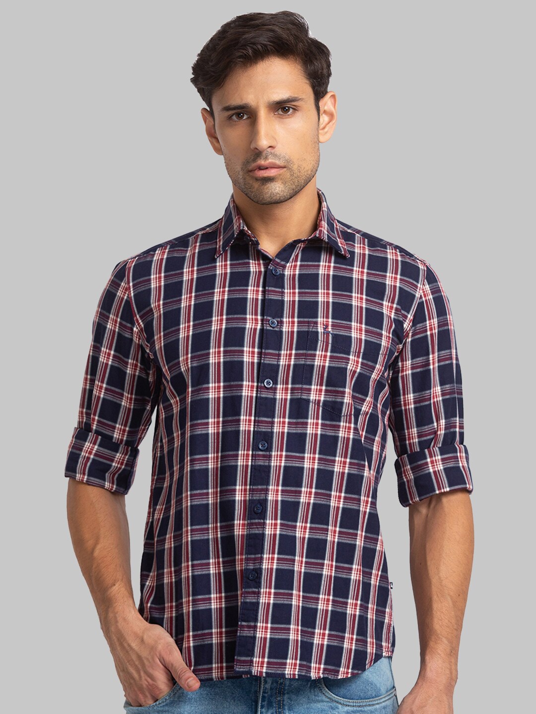

Parx Men Slim Fit Tartan Checked Cotton Casual Shirt, Navy blue