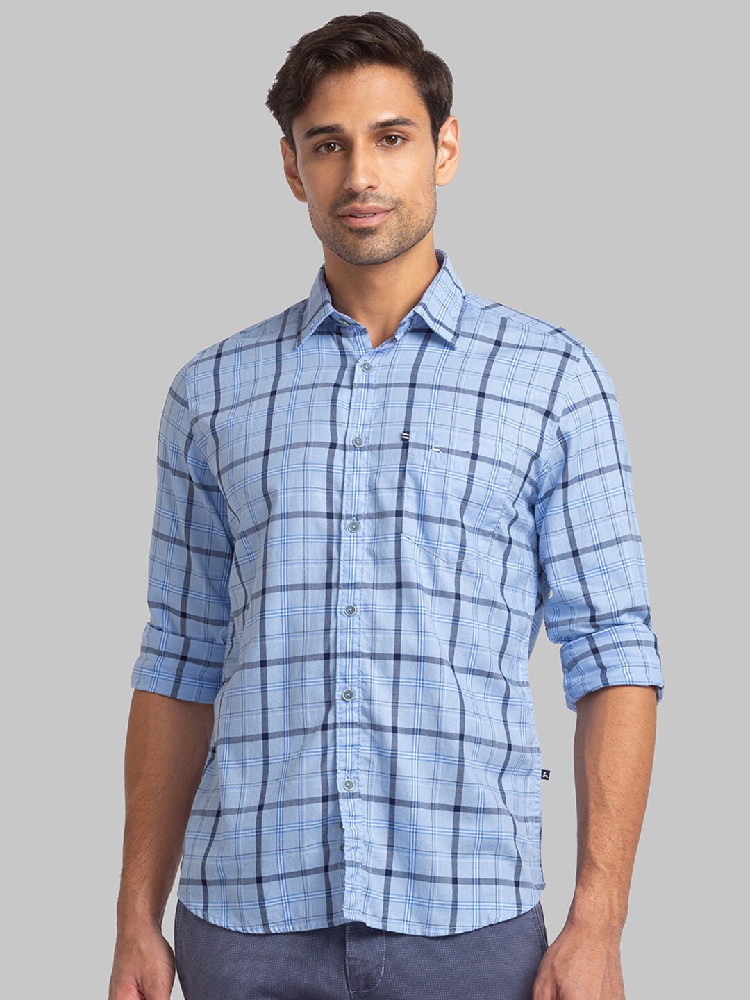 

Parx Slim Fit Checked Cotton Casual Shirt, Blue