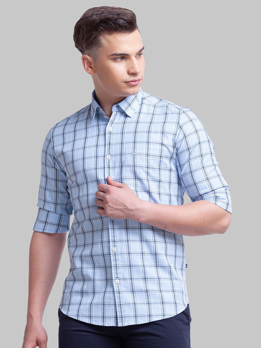 

Parx Men Slim Fit Checked Cotton Casual Shirt, Blue
