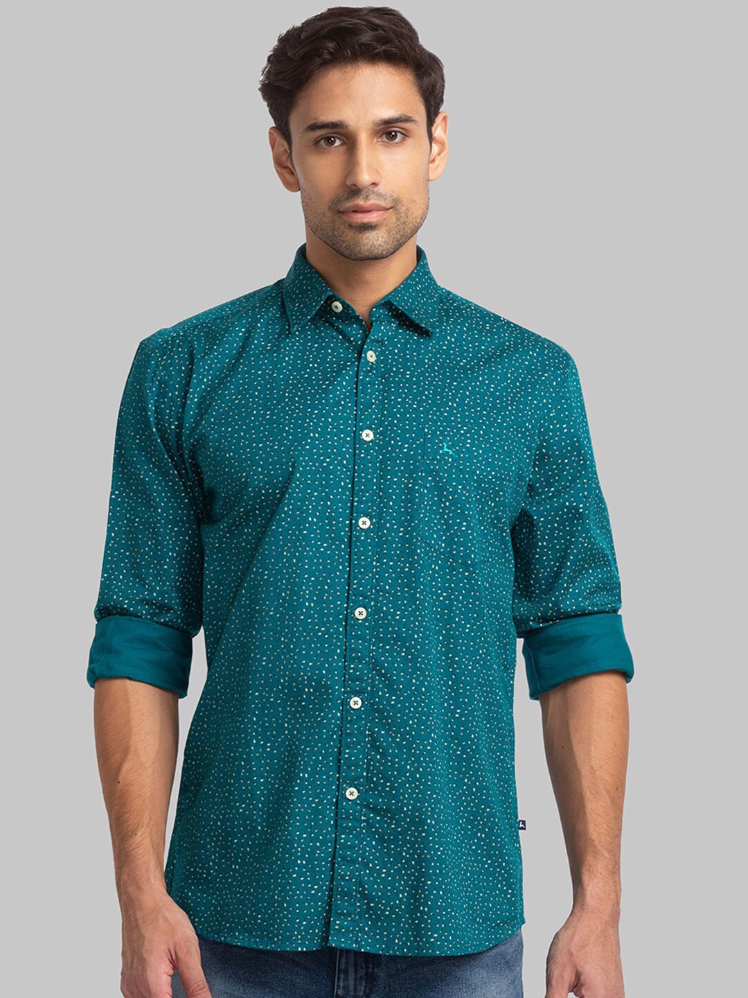 

Parx Men Slim Fit Printed Cotton Casual Shirt, Teal
