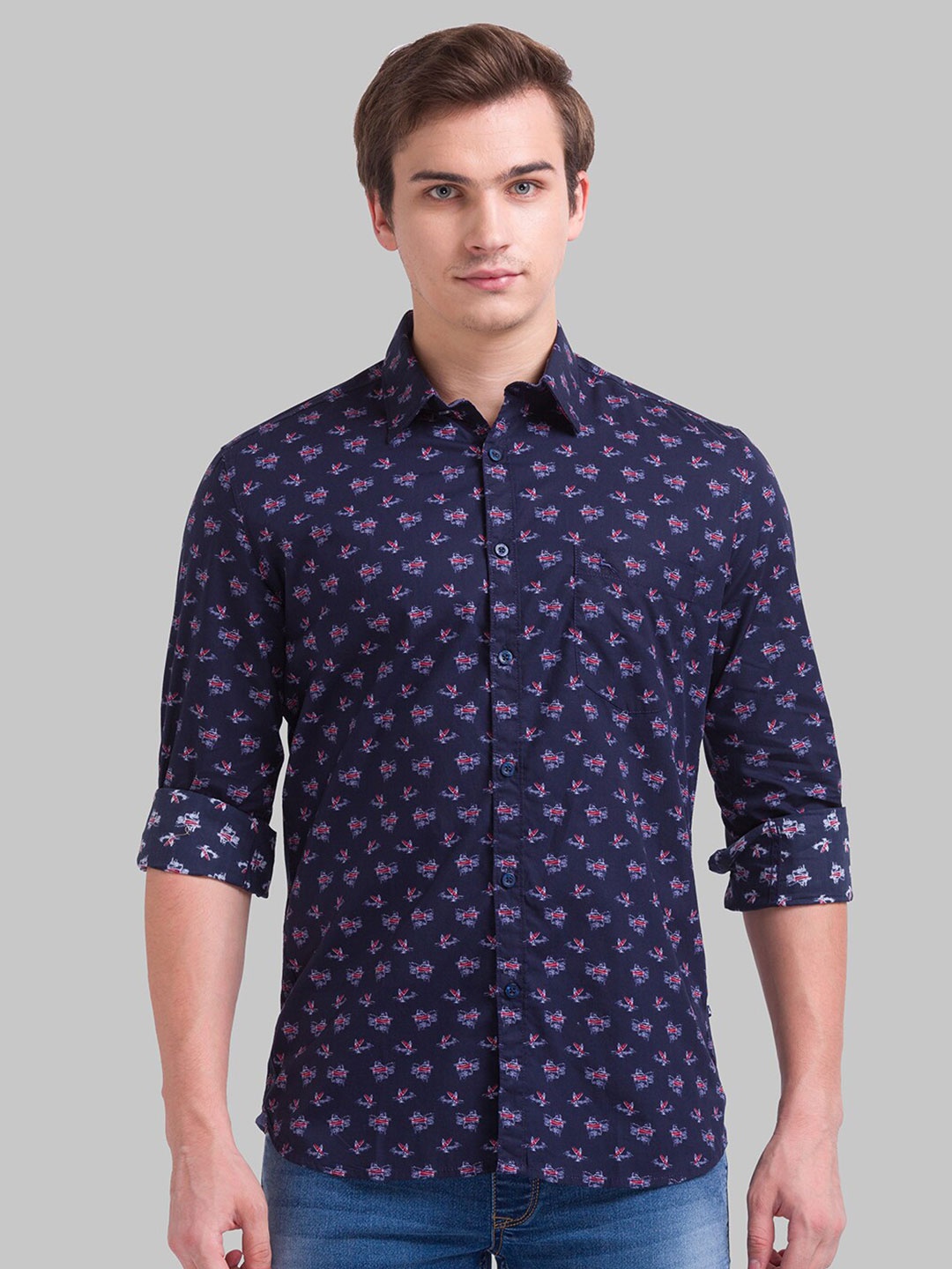 

Parx Men Slim Fit Printed Cotton Casual Shirt, Navy blue