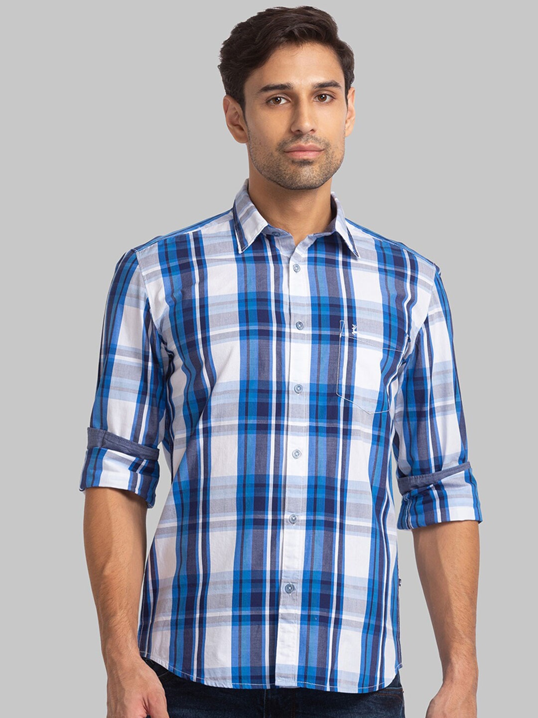 

Parx Men Slim Fit Tartan Checks Cotton Casual Shirt, Blue