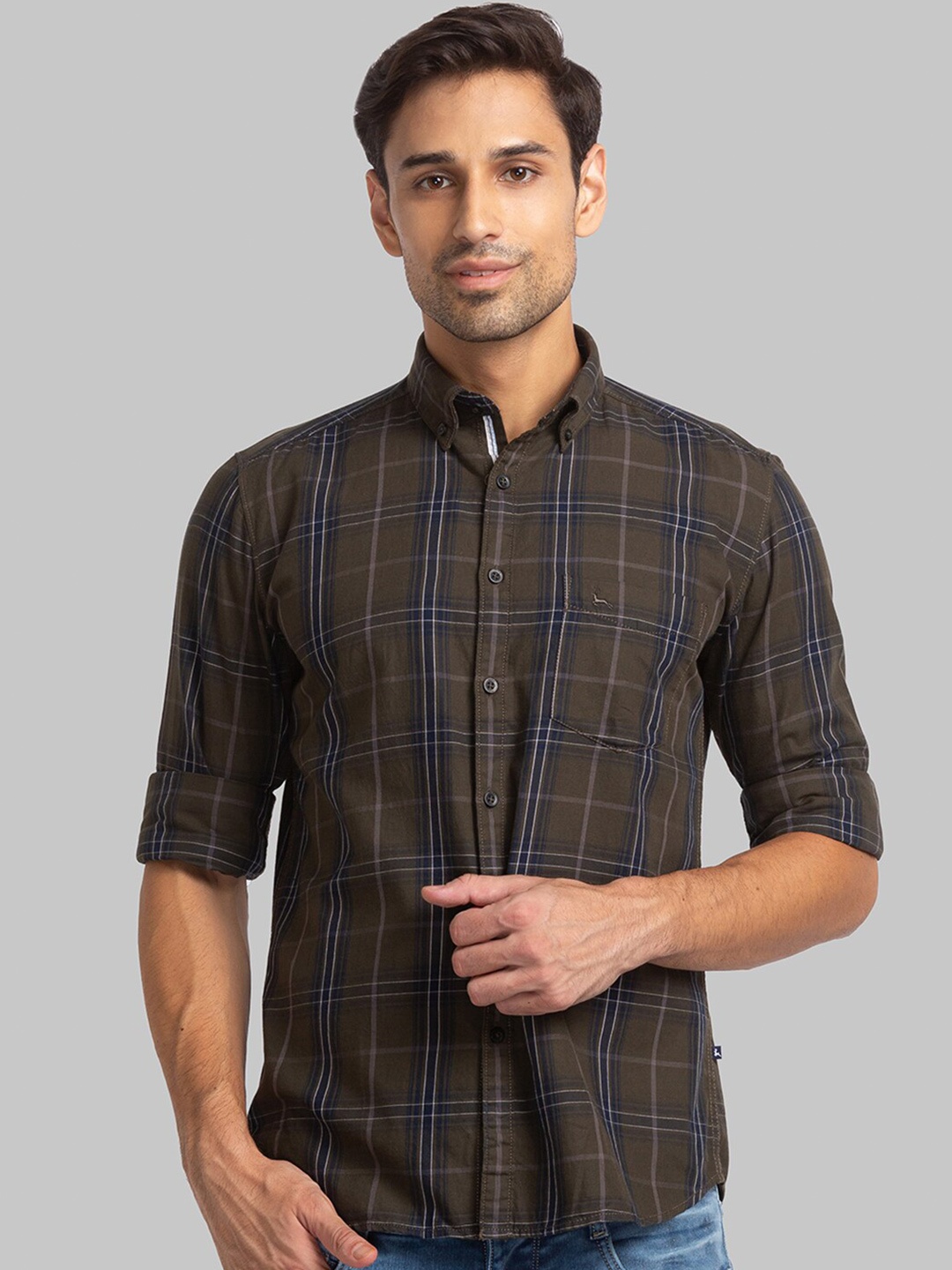 

Parx Men Slim Fit Tartan Checks Cotton Casual Shirt, Olive