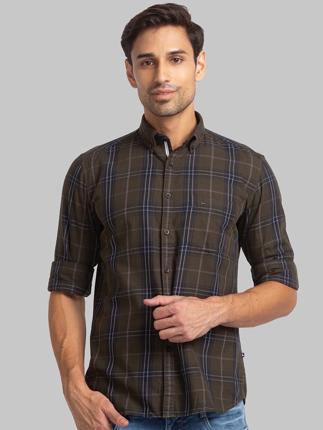 

Parx Men Slim Fit Tartan Checks Cotton Casual Shirt, Olive
