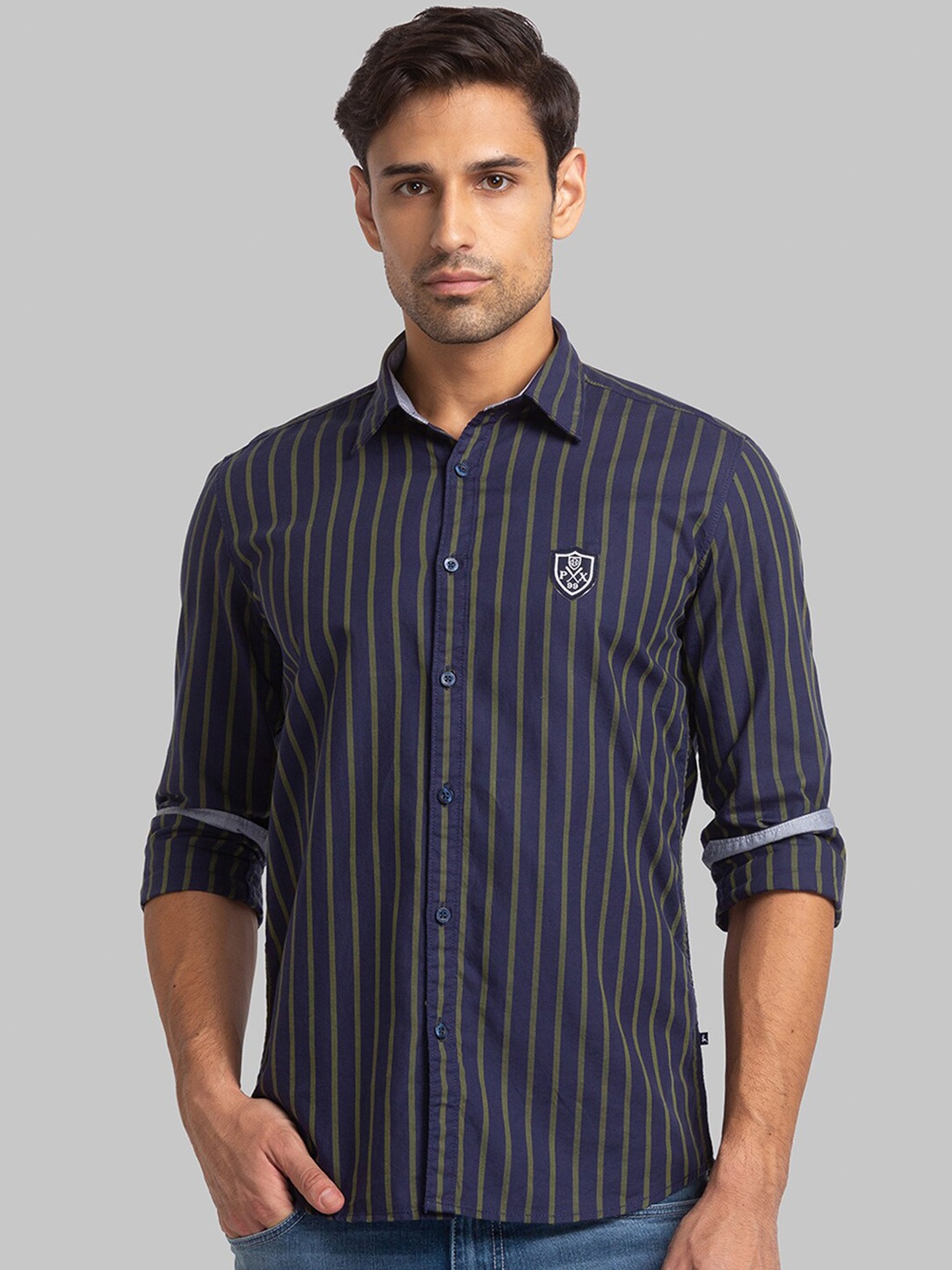 

Parx Men Slim Fit Striped Cotton Casual Shirt, Blue