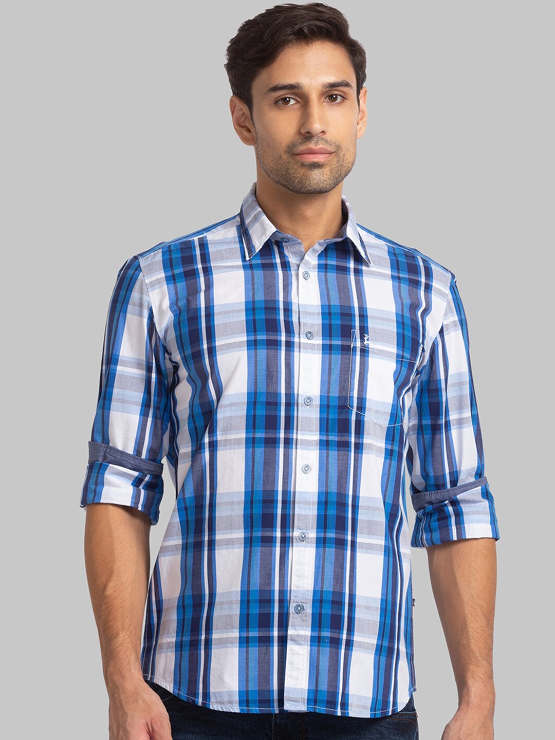 

Parx Men Slim Fit Tartan Checks Cotton Casual Shirt, Blue