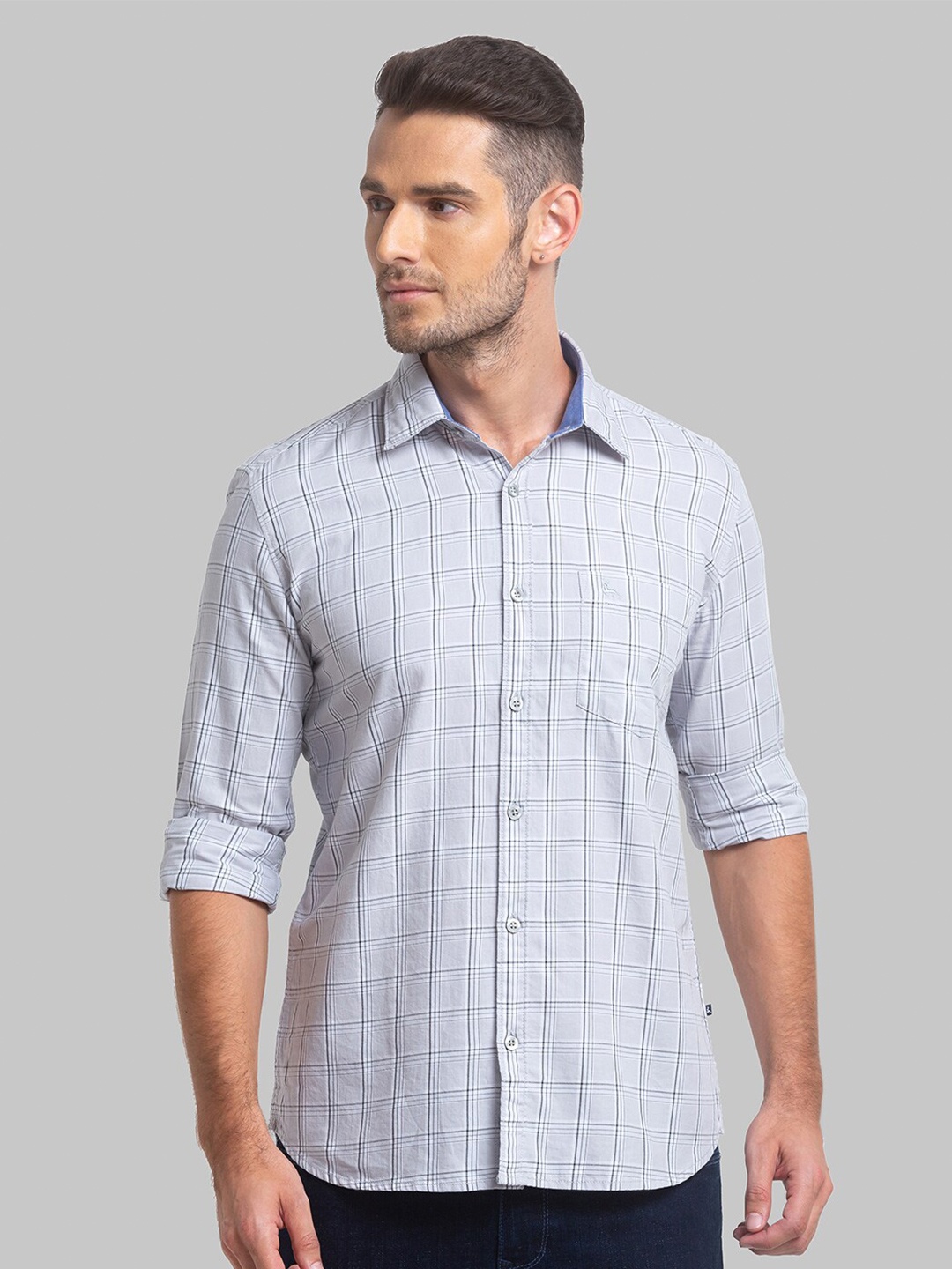 

Parx Men Windowpane Checks Slim Fit Cotton Casual Shirt, Grey