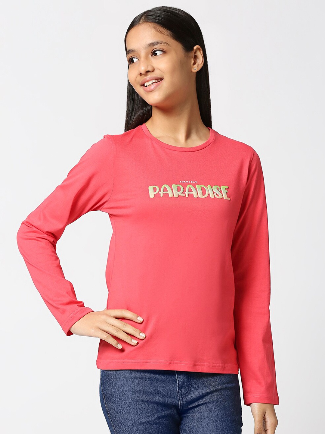 

JUSTICE Girls Typography Printed Cotton T-shirt, Coral