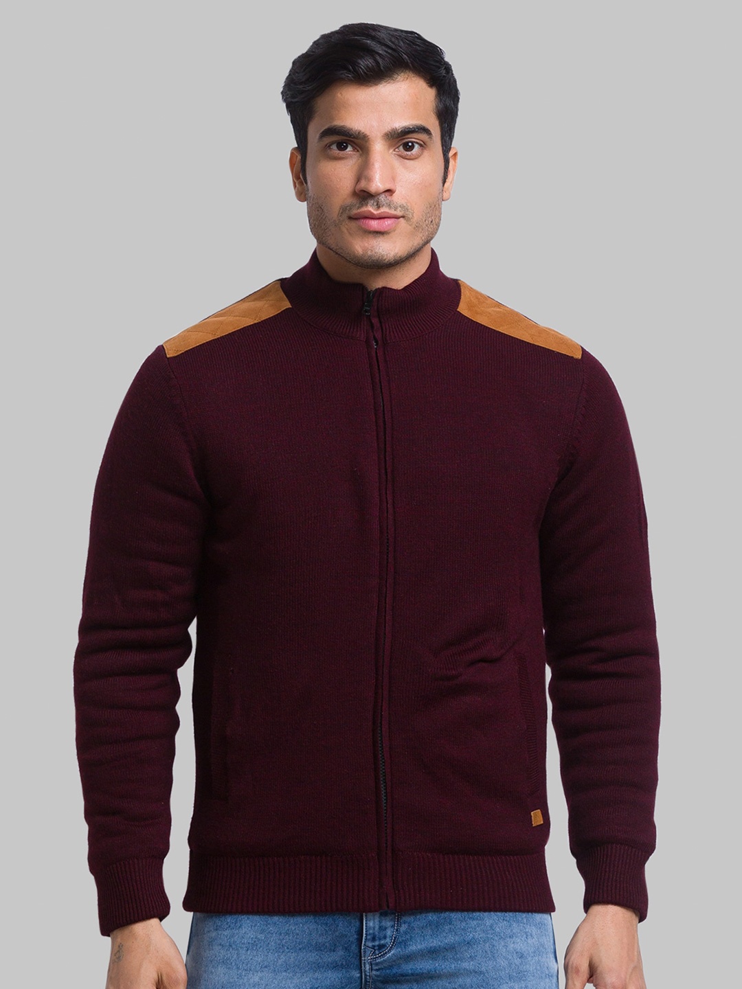 

Parx Men Mock Collar Acrylic Cardigan Sweater, Maroon