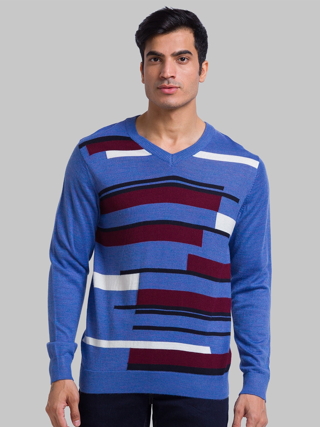 

Parx Men V-Neck Colourblocked Acrylic Pullover Sweater, Blue